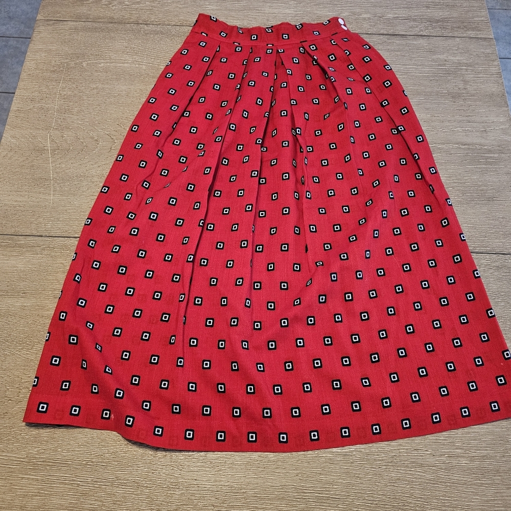 Vintage Evan-Picone Geometric Wool Midi Skirt Size 8 Button Waist Red Pleated
